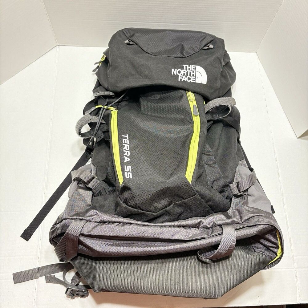 The North Face Youth Terra 55 Backpacking Hiking Pack Grey Lime Green Kids OS